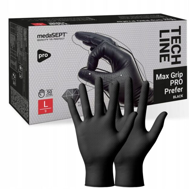 Rękawice,rękawiczki czarne mocne grube MAX GRIP PRO rękawiczki rozmiar 9 L 50 sztuk
